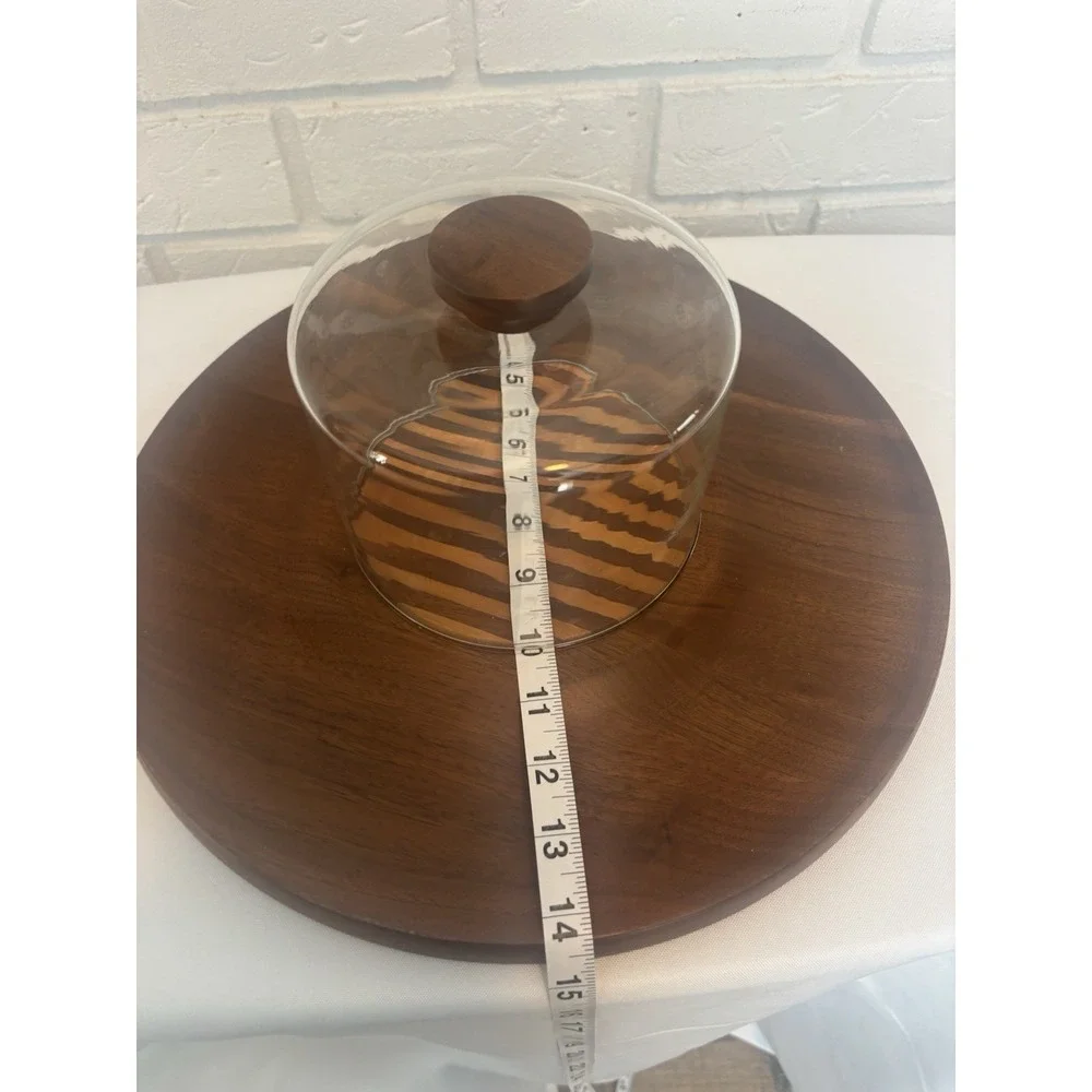 Vintage MCM Wood Cheese Board Glass Cloche Dome Serving Tray Striped Inlay 12in